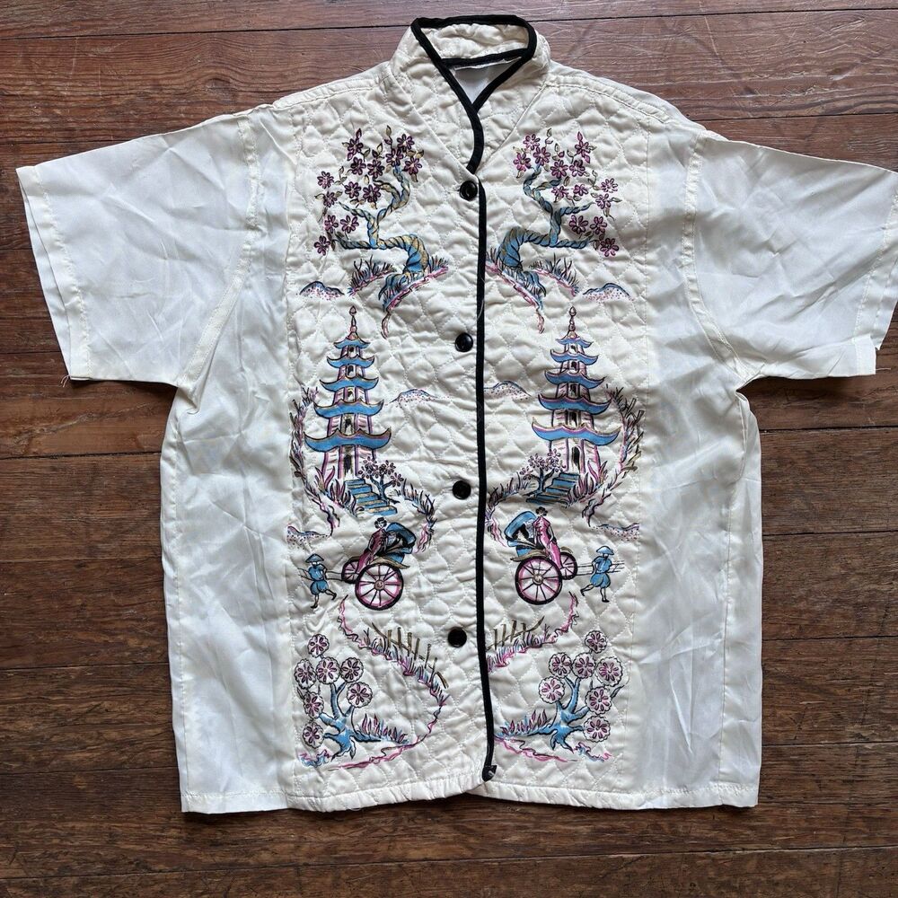 Vintage 40s 50s Ivory Taupe Embroidered Chinese Silk Blouse Top Womens Sz 36 S
